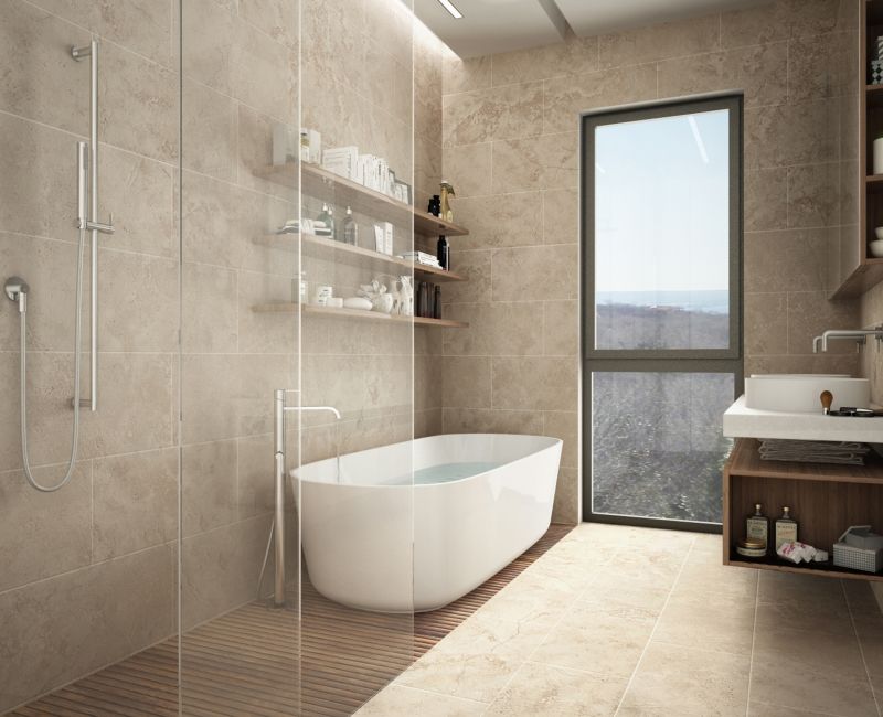 Contemporary bathroom with natural stone